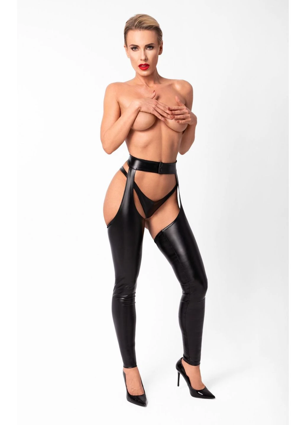 Леггинсы F323 Rebel, black, под латекс, с открытыми бедрами и ягодицами - CherryLove Noir Handmade (339868350)