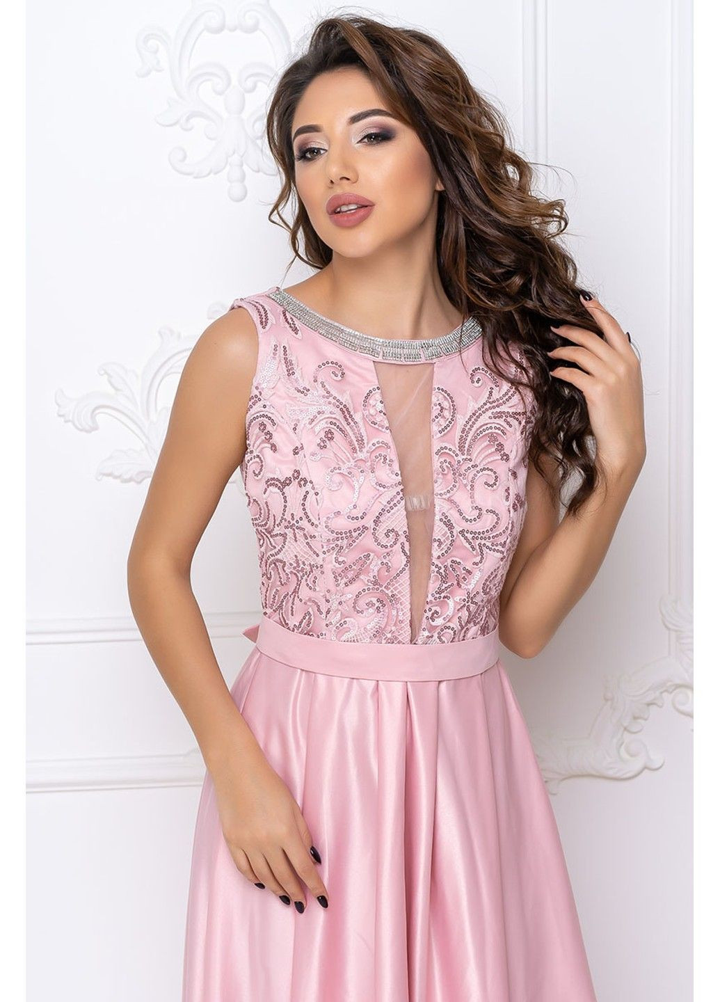 Розовое вечернее платье атлас макси 9004 розовая Tanita-Romario