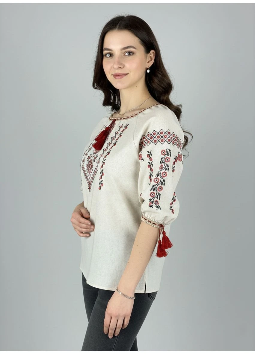 Бежева лляна жіноча бежева вишиванка первоцвіт червоний НоКо візерунок орнамент пряма, вільна льон (370886105)