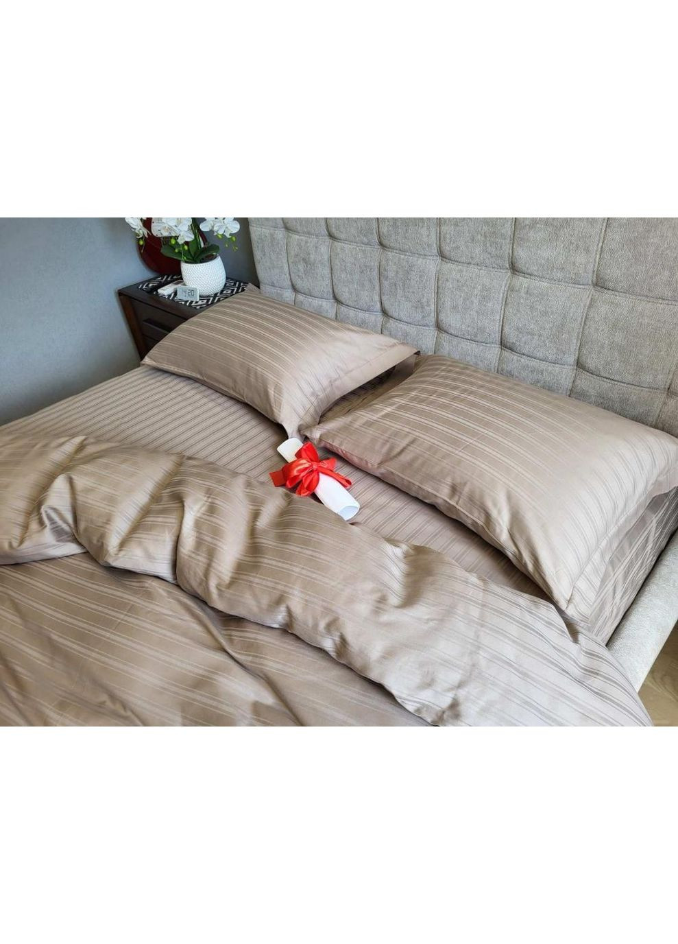 Постільна білизна з резинкою Мульти страйп сатин CACAO, PREMIUM Двухспальний розмір, наволочки 50/70 No Brand (364220042)