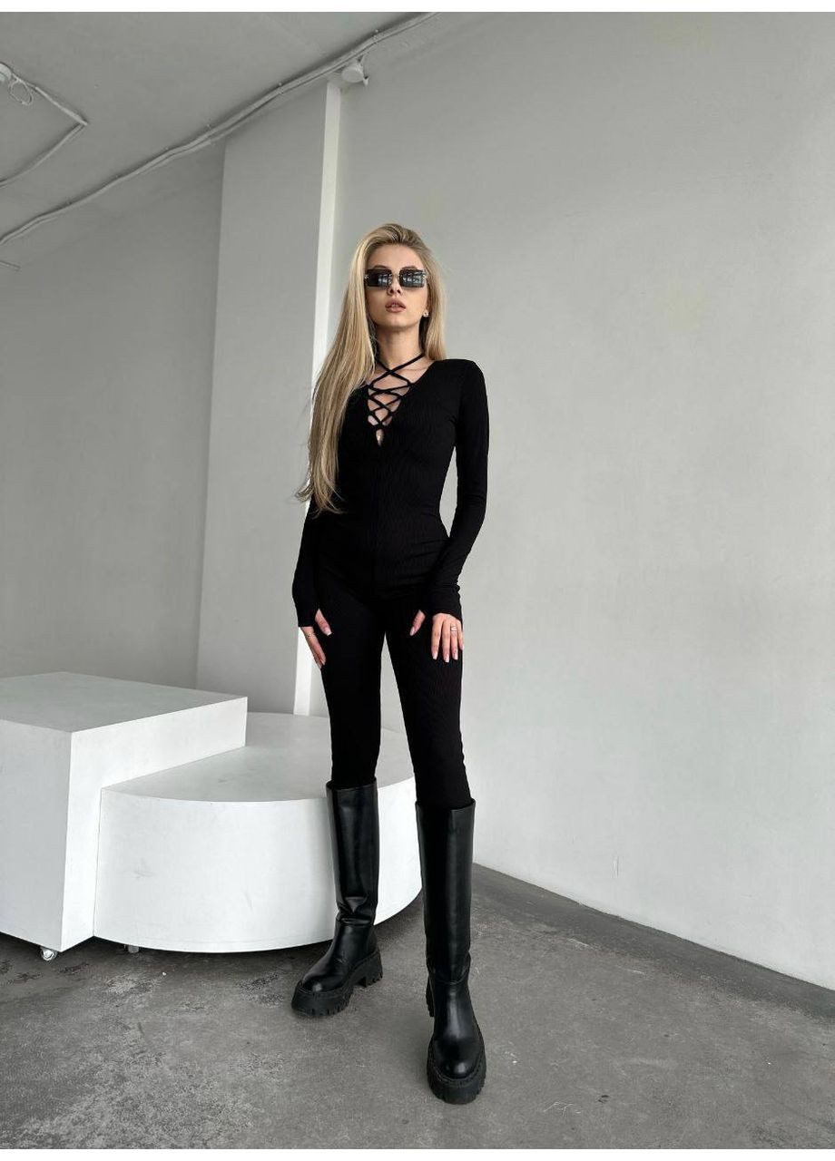 Жіночий стильний комбінезон Україна комбінезон-брюки однотонний чорний кежуал трикотаж