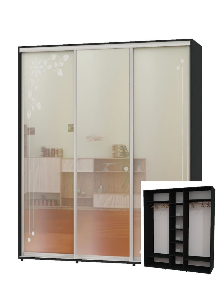 Шафа-купе тридверна 200*60*230 Антрацит 2 Дзеркала з піскострумним малюнком/Дзеркало ШК-04 Алекса (360435055)