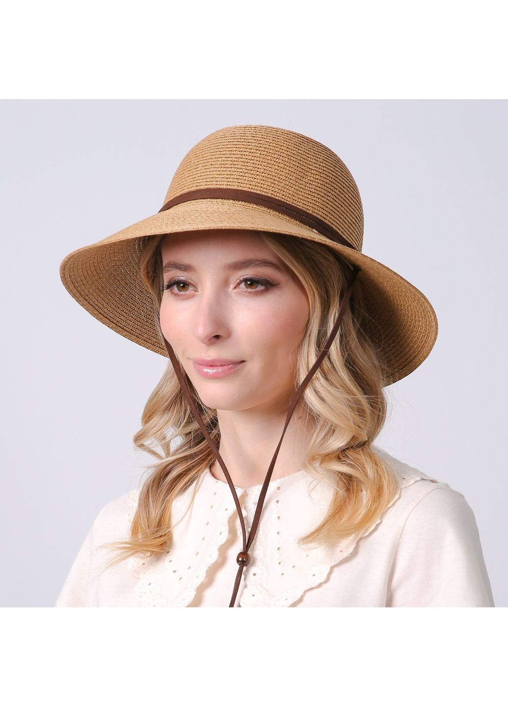 Капелюх із середніми полями жіночий з мотузкою-зав'язкою папір бежевий ДАЛІЯ LuckyLOOK 734-333 (329170310)