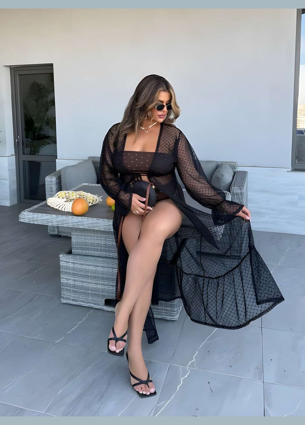 Жіноча літня пляжна напівпрозора довга туніка парео накидка бежева Україна (345557378)