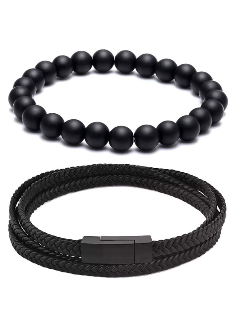 Комплект браслетов из кожи в виде намотки черного цвета и шунгита (12073) Hemst (301070877)