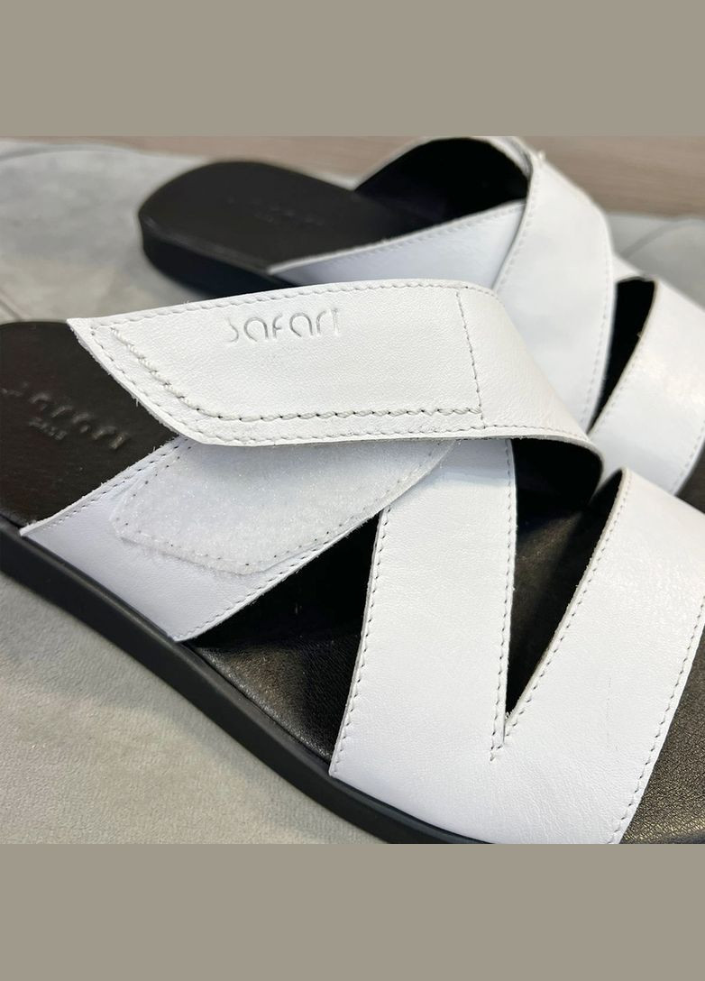 Белые повседневные шлепанцы мужские белые кожаные на липучке. Safari