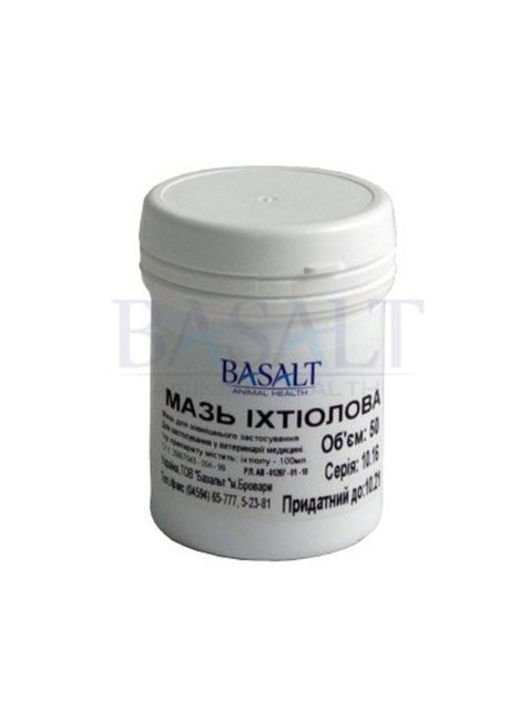 Мазь Іхтіолова-10% 50 г застосовують для лікування опіків, ран, дерматитів, екзем у тварин Базальт (368710384)