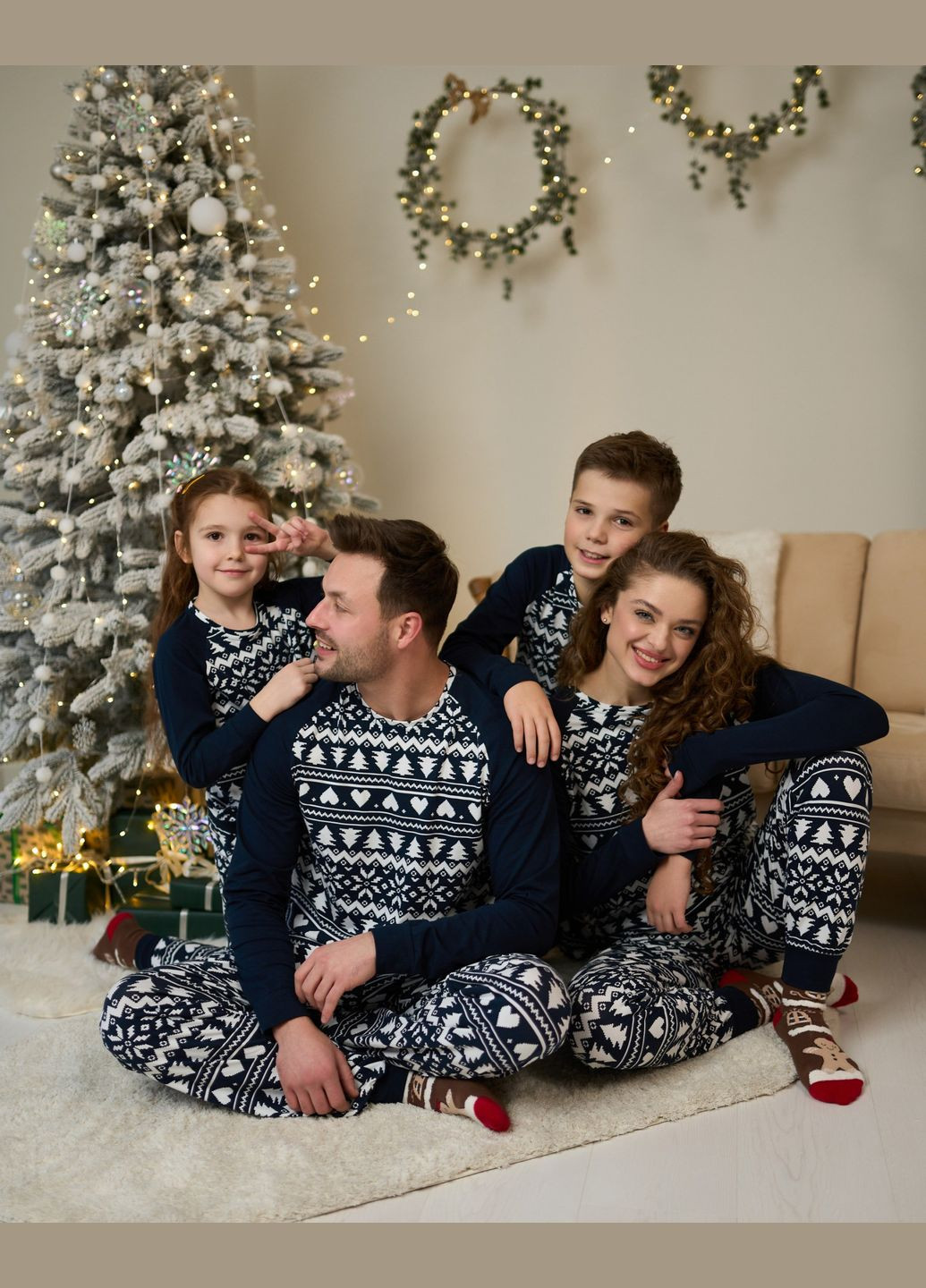 Темно-синя зимня піжама дитяча для хлопчика з різдвяним принтом в синьому кольорі, комплект піжамний дитячий, family look кофта + брюки Tom John