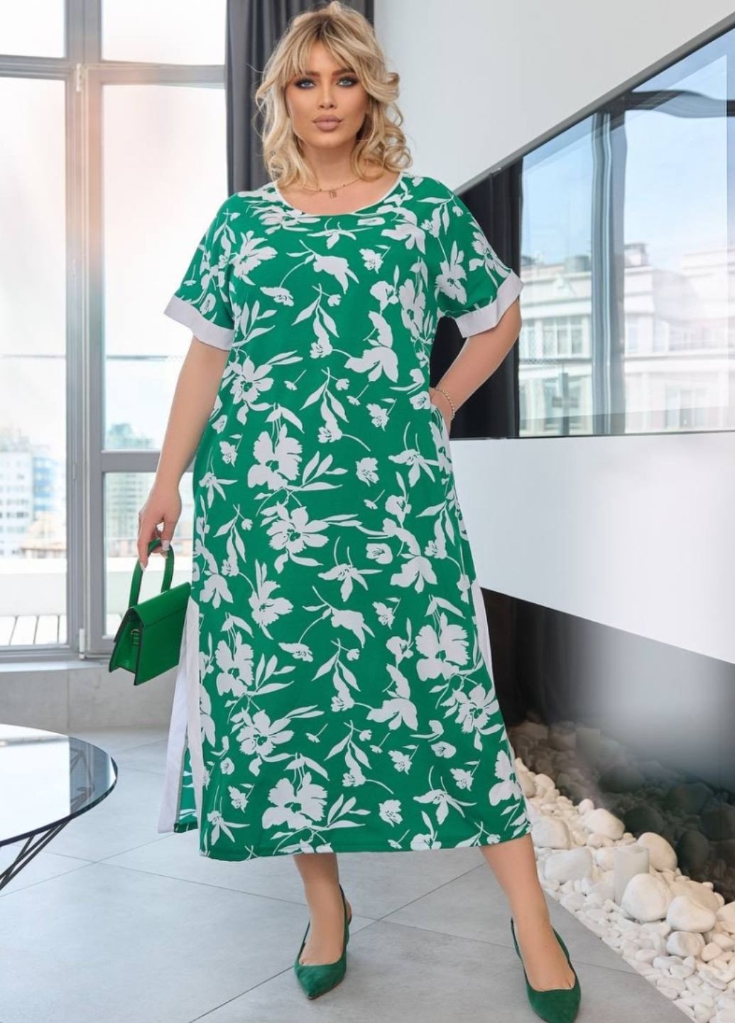 Зеленое повседневный повседневное летнее платье с цветочным принтом No Brand с цветочным принтом