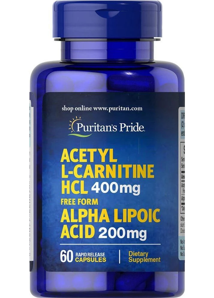 Ацетил-L-карнитин с альфа-липоевой кислотой, Acetyl L-Carnitine with Alpha Lipoic Acid, 400 мг/200 мг, 60 капсул Puritans Pride (388550737)