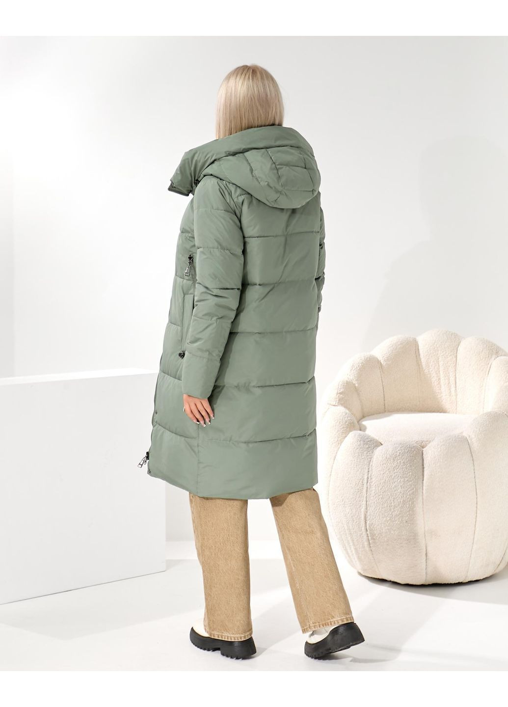 Светло-зеленое зимнее Стильное теплое пальто No Brand