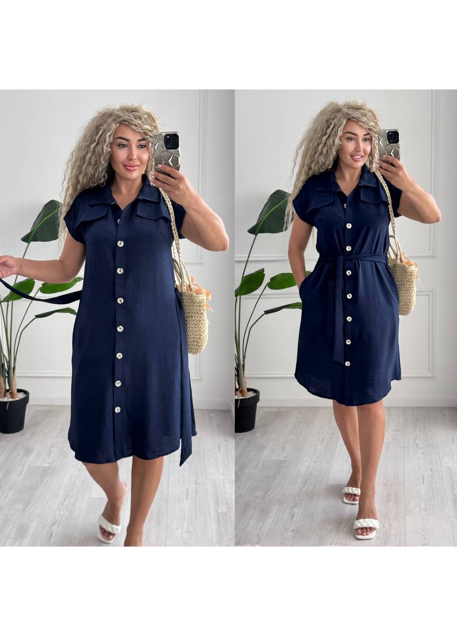 Синя сукня американський креп жатка на ґудзиках з кишенями та поясом Україна