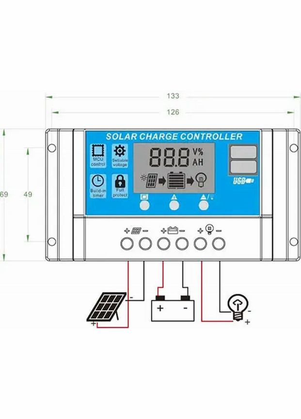 Контролер Заряду Сонячних Панелей 10А 12/24В РК-дисплей USB, ШІМ-контролер PWM - solar charge controller (5002423) Clefers (300854124)