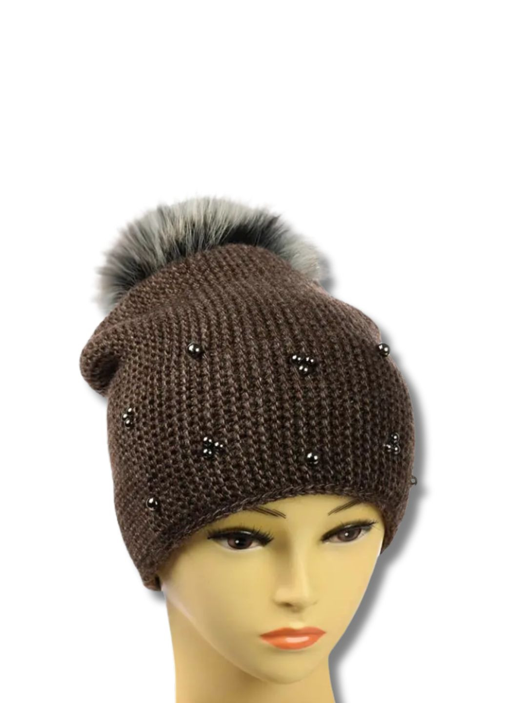 Вязанная женская шапка с бусинами и помпоном - Полина No Brand Шапка жіноча (352690425)