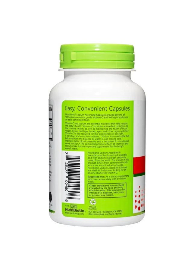 Аскорбат натрия Sodium Ascorbate 850 мг 100 капсул NutriBiotic (361114739)