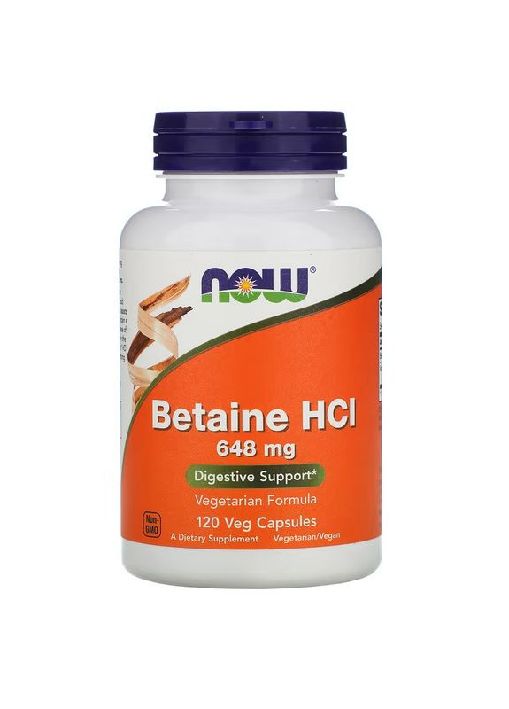 Естественная добавка Betaine HCl 648 mg, 120 вегакапсул. Now (334705259)