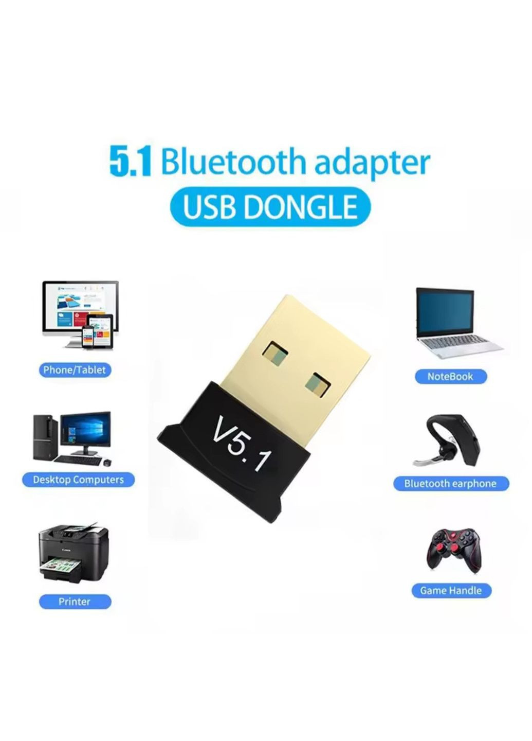 Міні USB Bluetooth 5,1 адаптер для ПК, ноутбука, миші, клавіатури, планшета, телефона, принтера, динаміка No Brand (346090066)