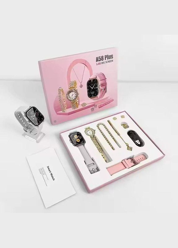 Женский подарочный набор A58 plus серый Комплект 8 в 1 Смарт часы + аксессуары серьги кулон браслет No Brand (341309978)