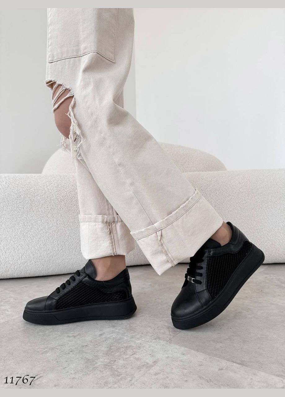 Черные демисезонные кожаные женские кроссовки No Brand