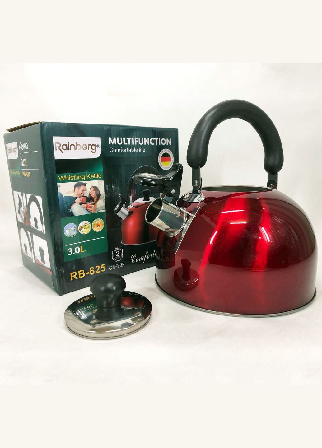 Чайник RB-625 з нержавіючої сталі зі свистком 3л, гарний чайник зі свистком. Колір: червоний Rainberg (364663926)