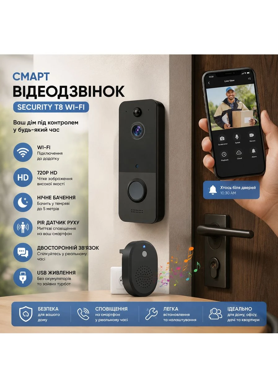 Уценка Смарт-видеозвонок Security T8 Wi-Fi, 720P, ночное видение, PIR датчик движения, беспроводной видеозвонок USB, без No Brand (366409199)