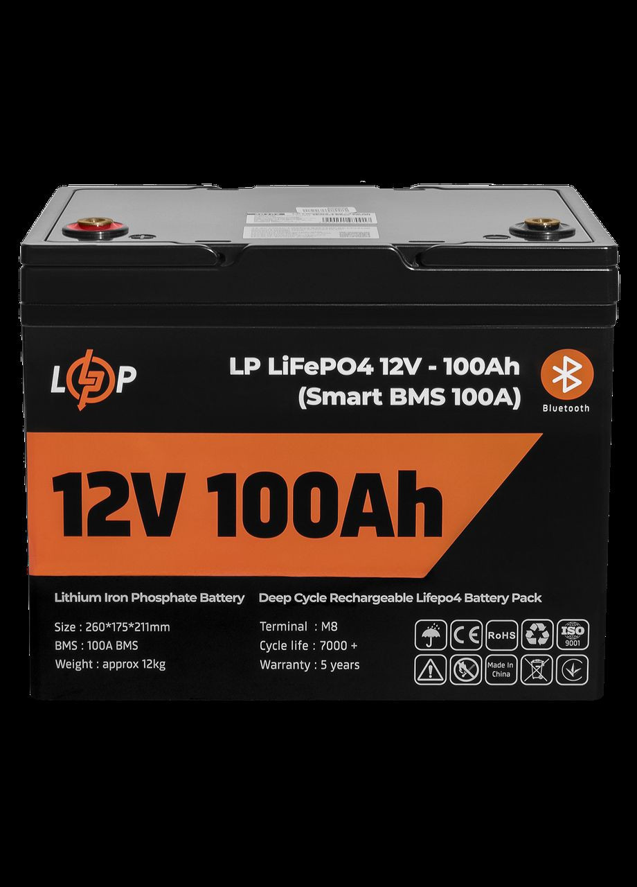 Акумулятор LP LiFePO4 12V (12,8V) 100 Ah (1280Wh) (Smart BMS 100А) з BT пластик для ДБЖ LogicPower (279555056)