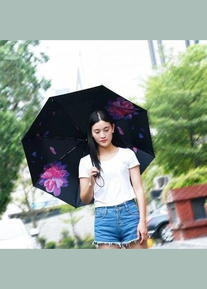 Комбинированный зонт женский полуавтомат фиолетовый цветок wt-u3-black 105х59 см черный WK (336873991)