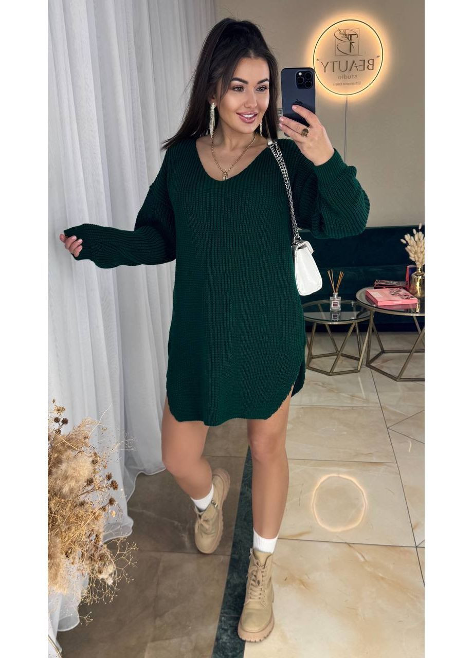 Бутылочное зеленое повседневный, кэжуал женское платье-туника оверсайз оверсайз No Brand однотонное