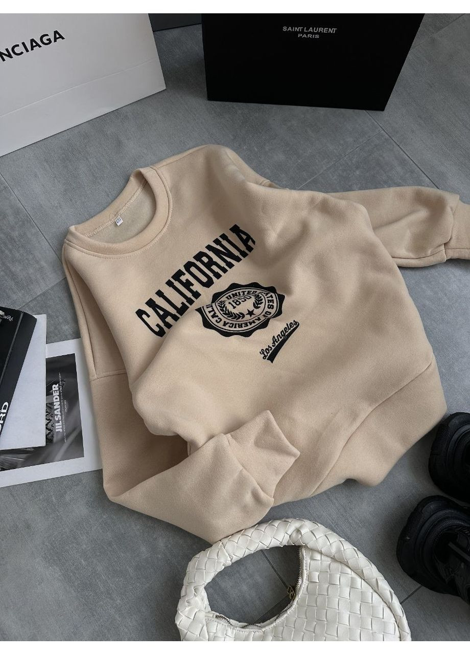 Бежевый женский теплый свободный свитшот на оверсайз флисе с надписью california размер ma112 (369723459)
