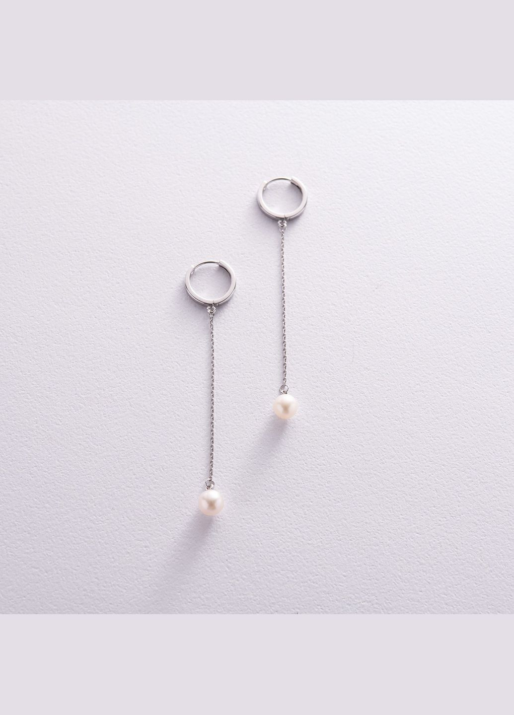 Сережки - кільця Перлина на ланцюжку у білому золоті с08357 Oniks (264644435)