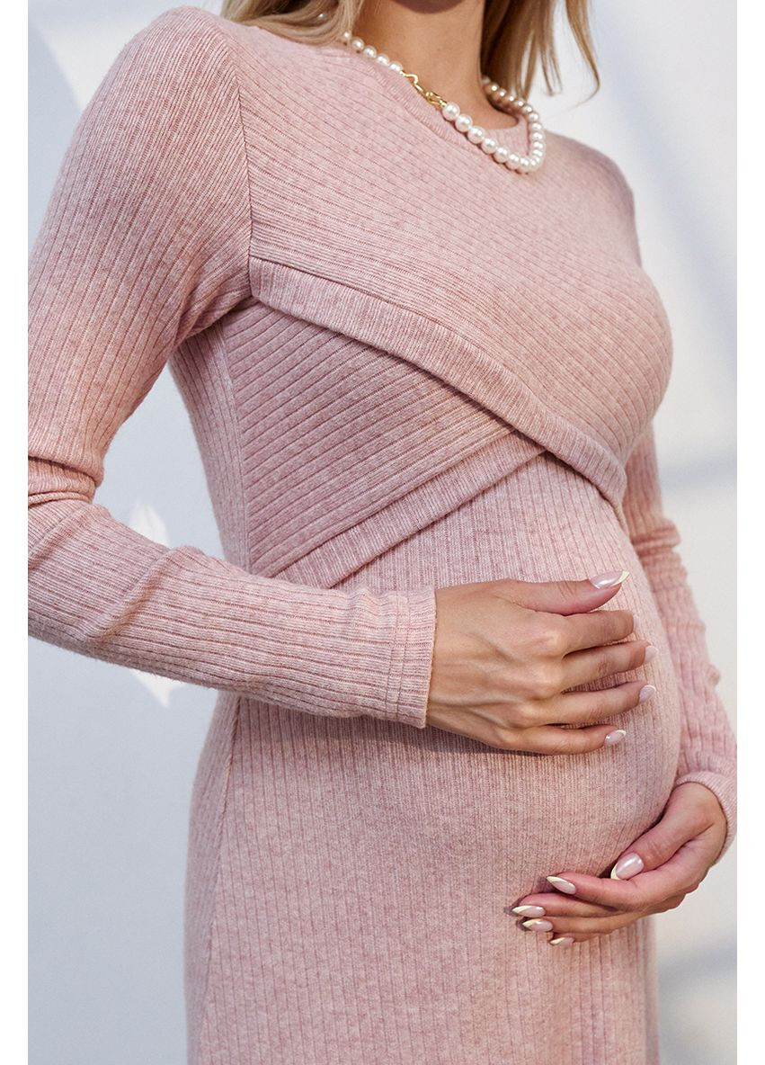Пудрова сукня міді для вагітних та годуючих пудрова з теплого трикотажу Юла мама