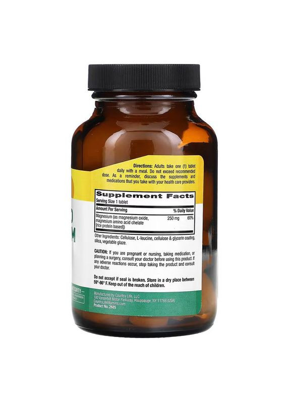 Магній у хелатній формі Chelated Magnesium 250 mg, 90 таблеток для розслаблення м'язів і здоров'я кісток Country Life (322209614)