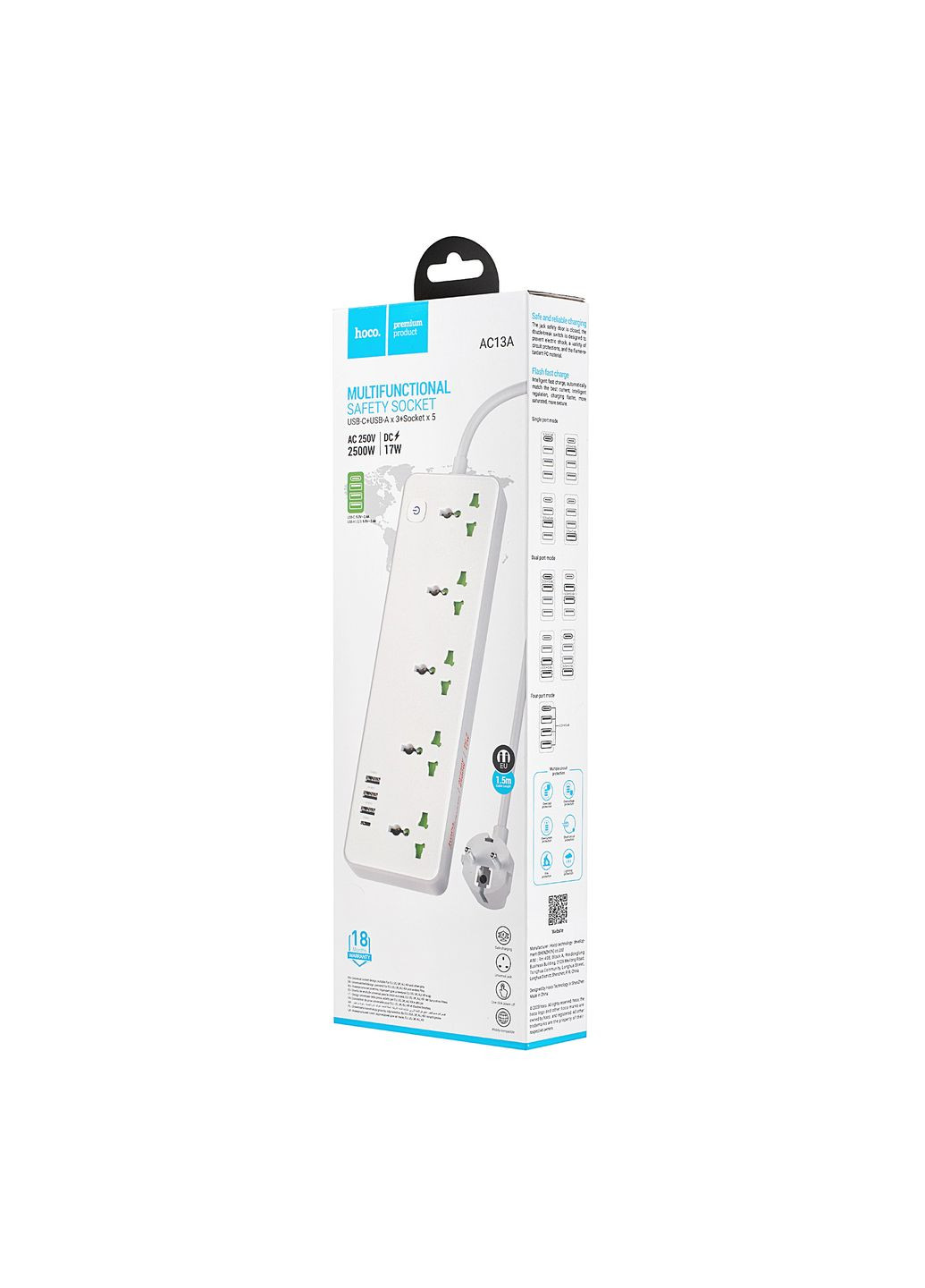 Сетевой фильтр AC13A Talento 5position socket (1C3A) (EU) White Hoco (297453105)