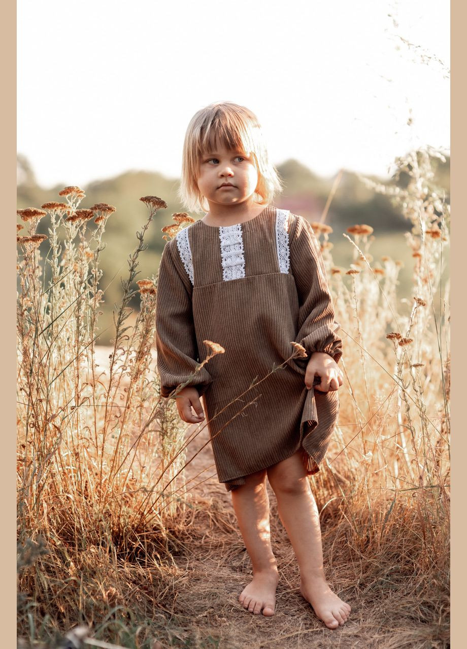 Коричневое детское вельветовое платье с кружевом V.O.G. (303106205)