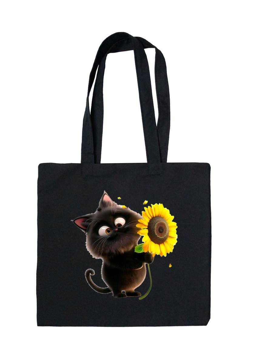 Екосумка з габардину чорна з принтом Кіт з соняшником (DTF) 38х36 4PROFI (369757522)