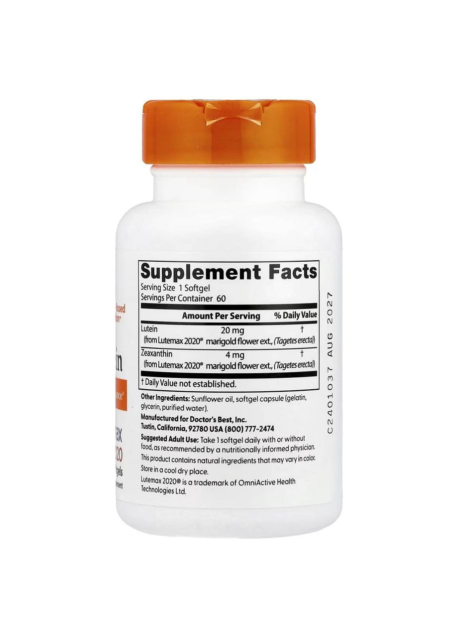 Лютеин с Lutemax 2020, 20 мг, 60 мягких таблеток Doctor's Best (361858586)