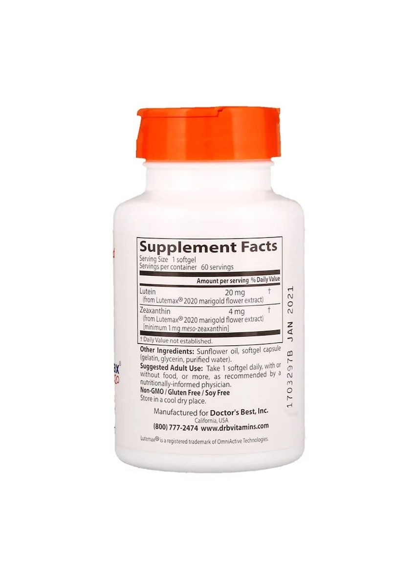 Лютеїн, Lutein with Lutemax, 20 мг, 60 желатинових капсул Doctor's Best (326054157)
