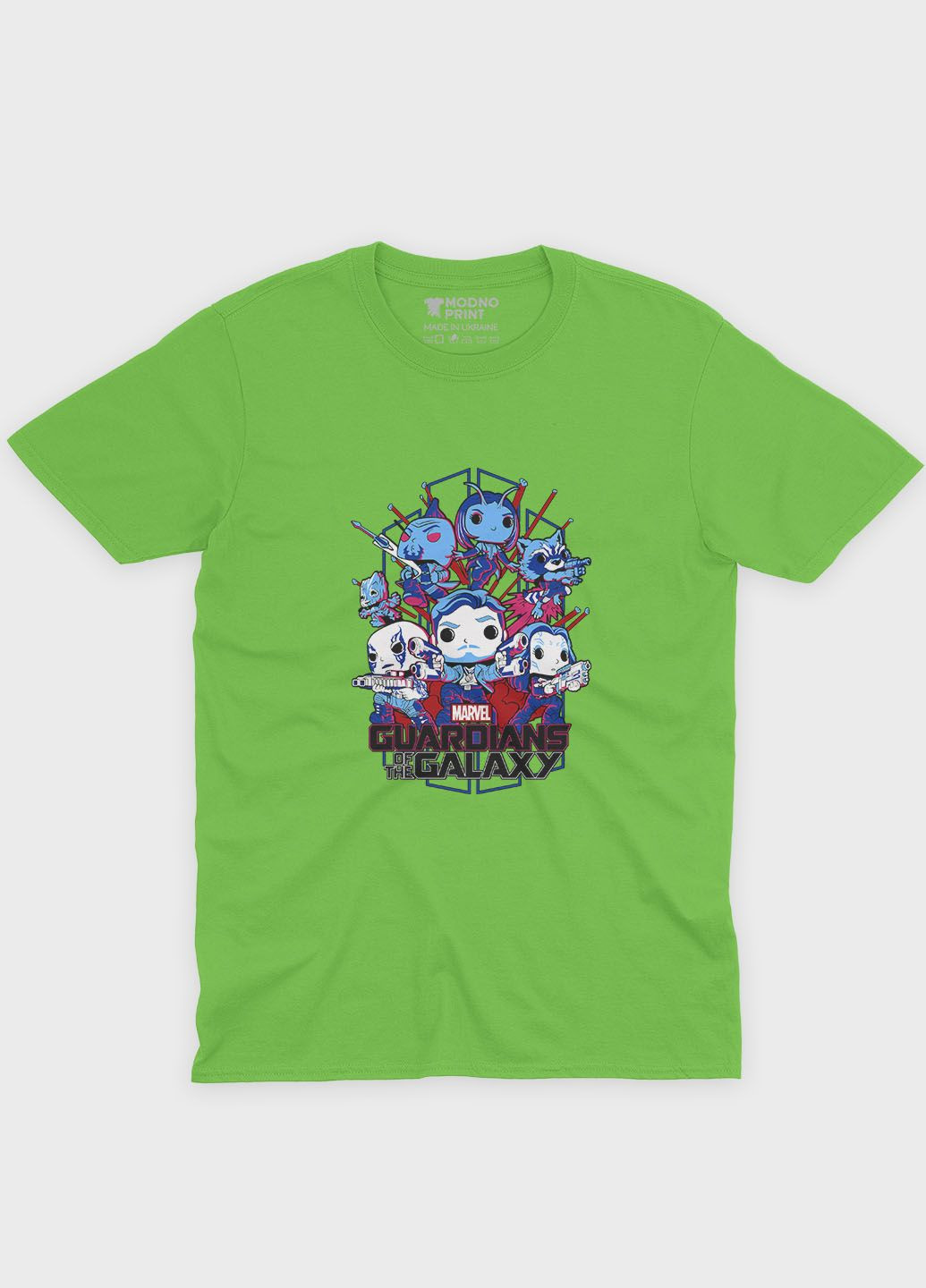Салатова демісезонна футболка для хлопчика з принтом супергероїв - вартові галактики (ts001-1-kiw-006-017-002-b) Modno
