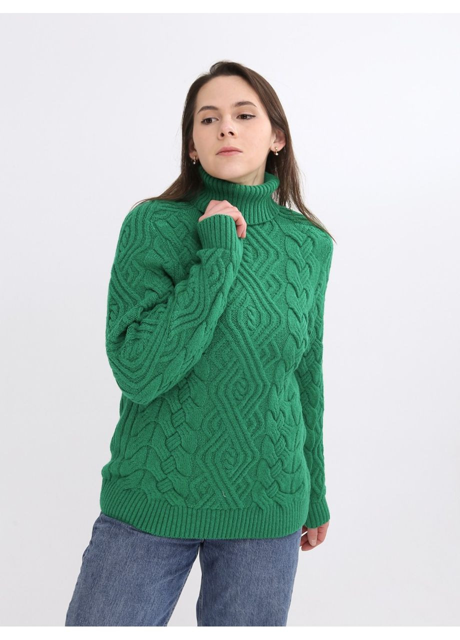Зеленый зимний свитер женский зеленый теплый с горлом и косами Pulltonic Пряма
