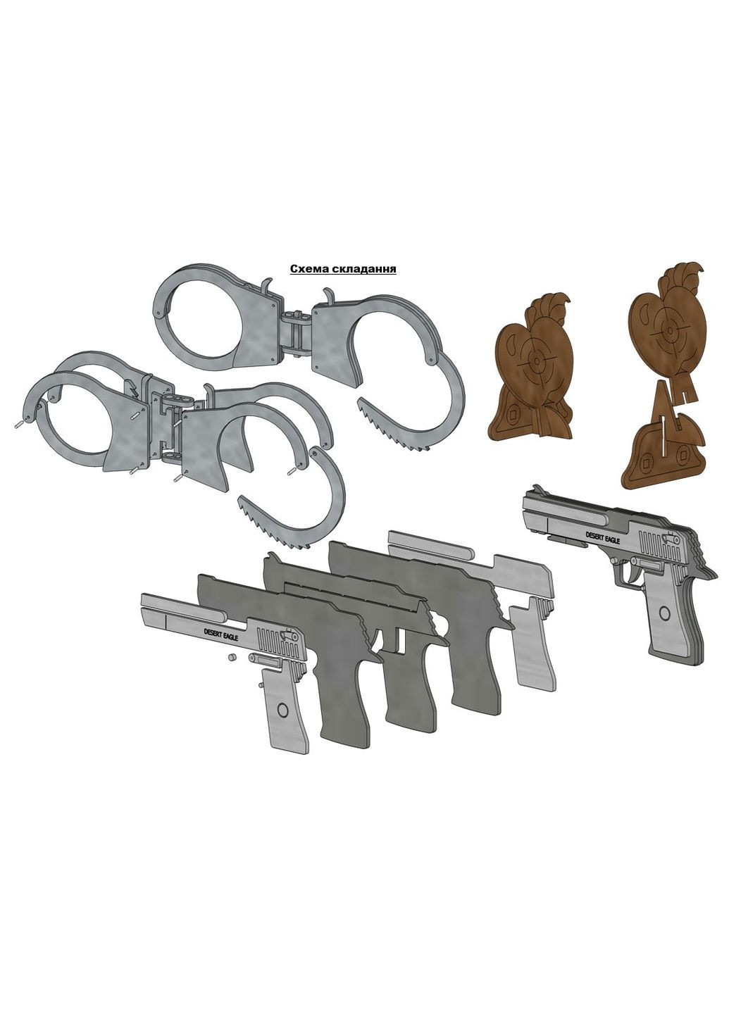Набір для творчості Пістолет резинкостріл DESERT EAGLE, ніж TANTO, наручники та мішені із фанери Набір №54 KOGOTOK (335056193)