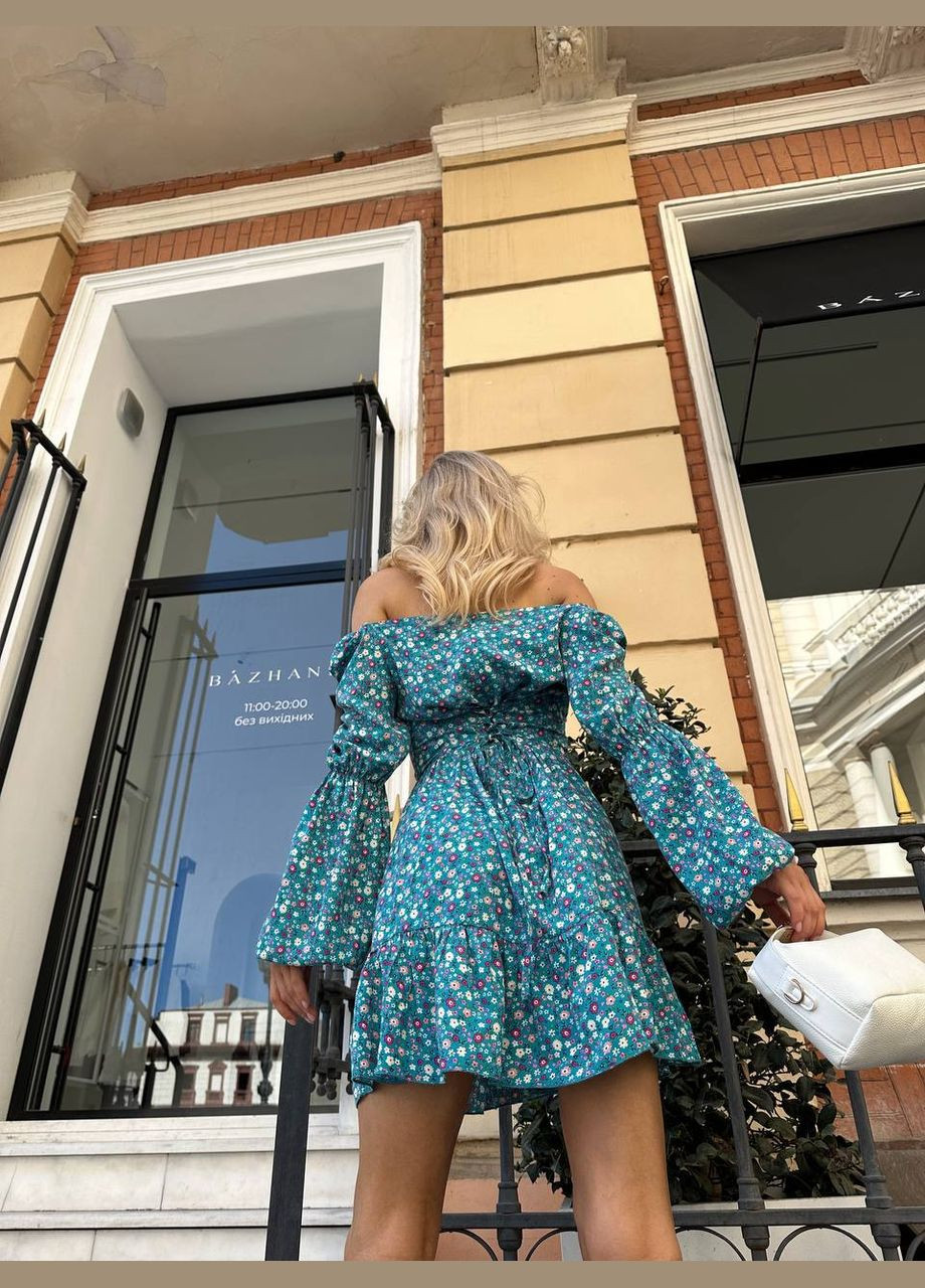 Мятное повседневный платье женское с открытыми плечами Україна с цветочным принтом