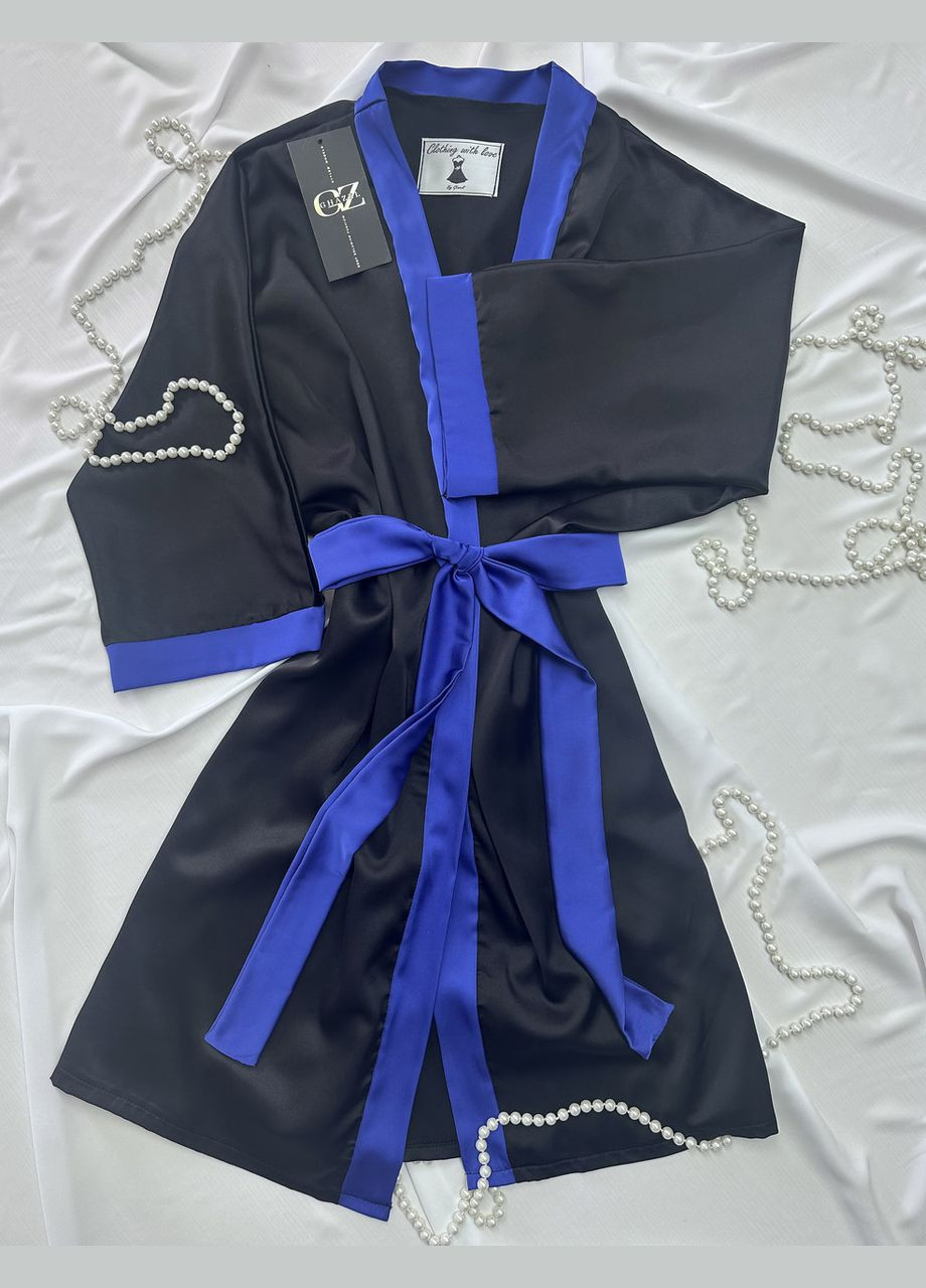 Синя всесезон шовковий домашній комплект шортики+майка+халат шовк сінді трійка топ + шорти Ghazel