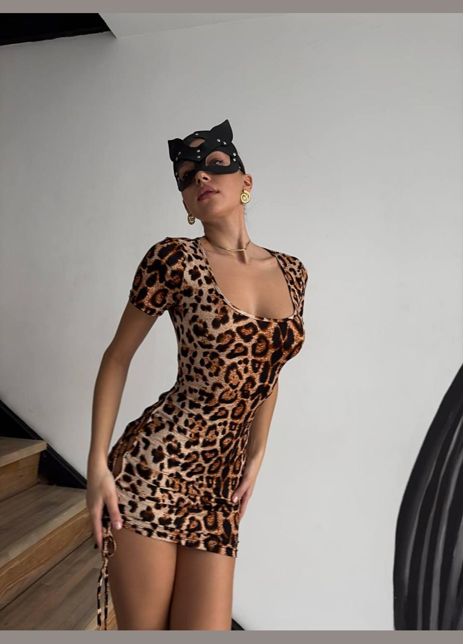 Бежевое праздничный, повседневный, домашнее, откровенный смелое эротическое платье со шнуровкой No Brand леопардовый
