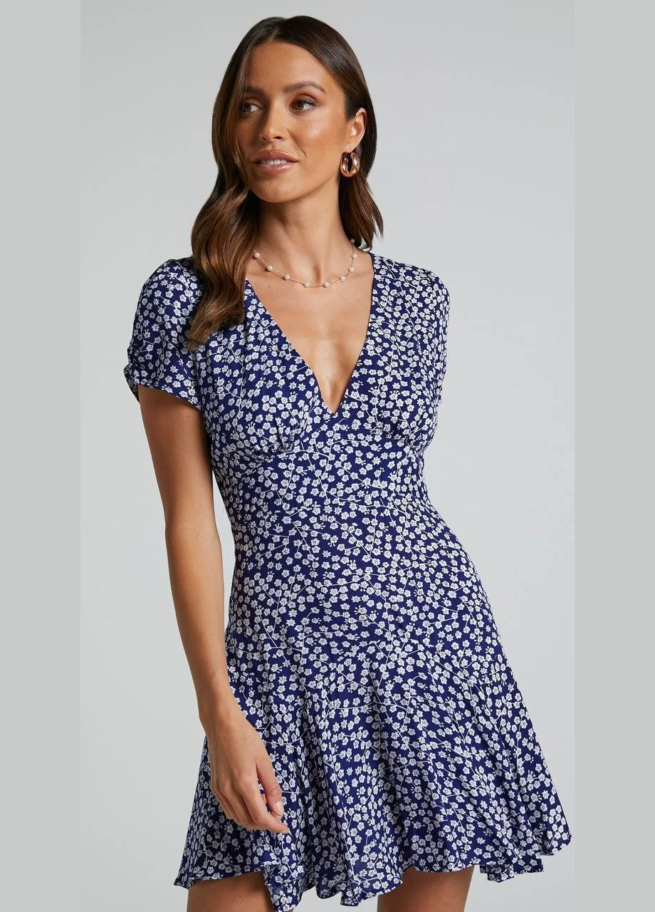 Синя святковий, повсякденний, коктейльна жіноча сукня в квітковому принті а-силует Avanti з квітковим принтом