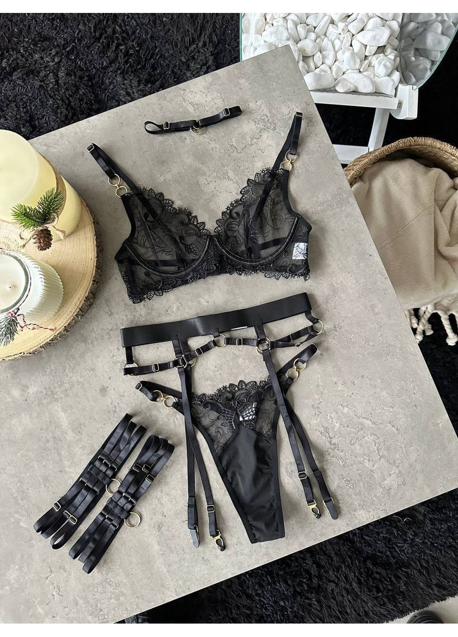 Чёрный балконет комплект белья "desire set" | чашка с косточкой, чокер и гартеры в комплекте, черный Vital-Textile с косточками полиэстер, эластан