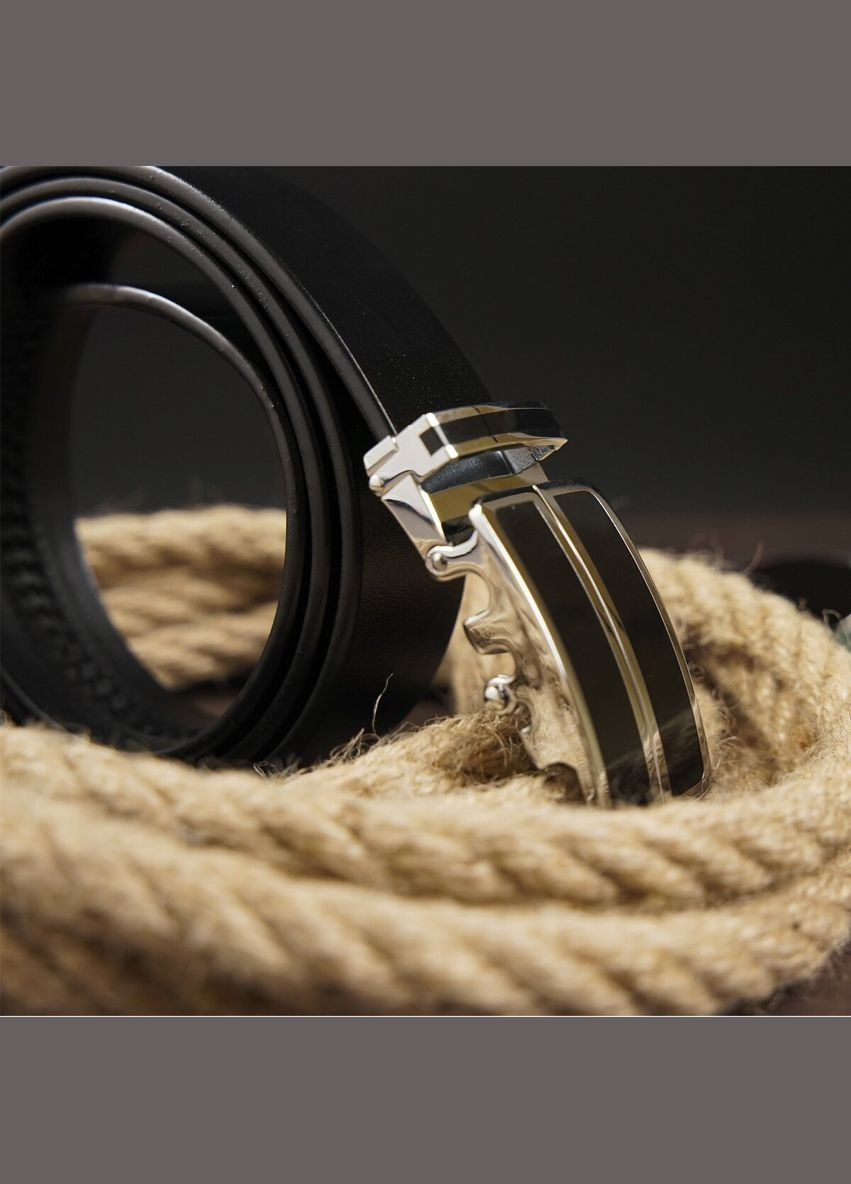 Чоловічий ремінь шкіряний з автоматичною пряжкою та чорними вставками 20281 Чорний Vintage (302972208)