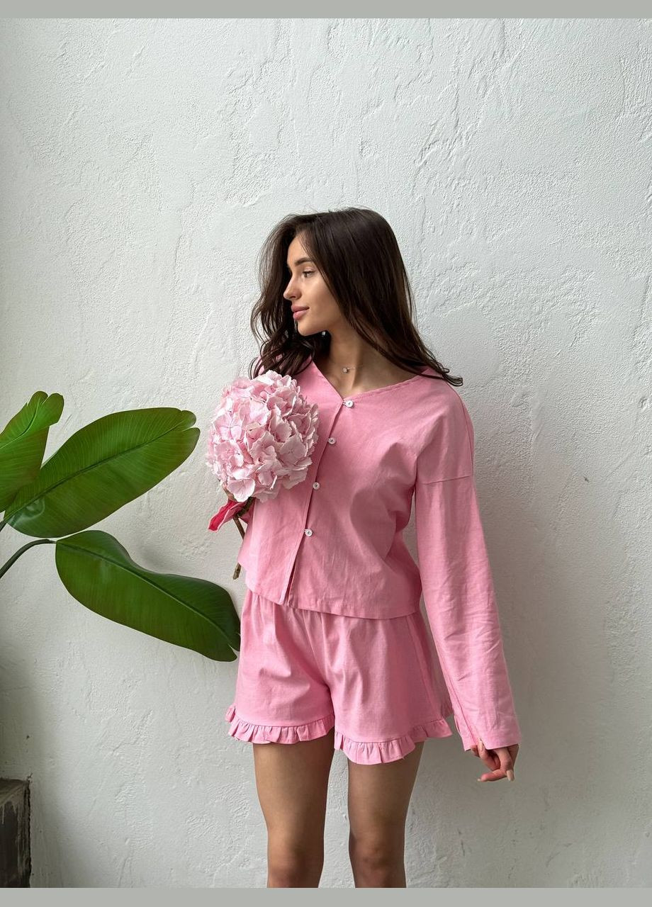 Приятный к телу розовый костюм двойка (рубашка+шорты) из качественного льна, летний костюм с идеальной посадкой No Brand 605-3 (296139178)