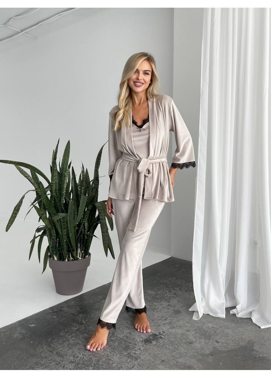 Велюровый домашний костюм тройка бежевого цвета 34564 No Brand (361010308)