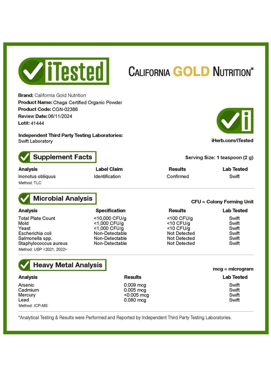 Чага порошок із сертифікованого органічного гриба 120грам (60 порцій), " ". California Gold Nutrition (350314581)