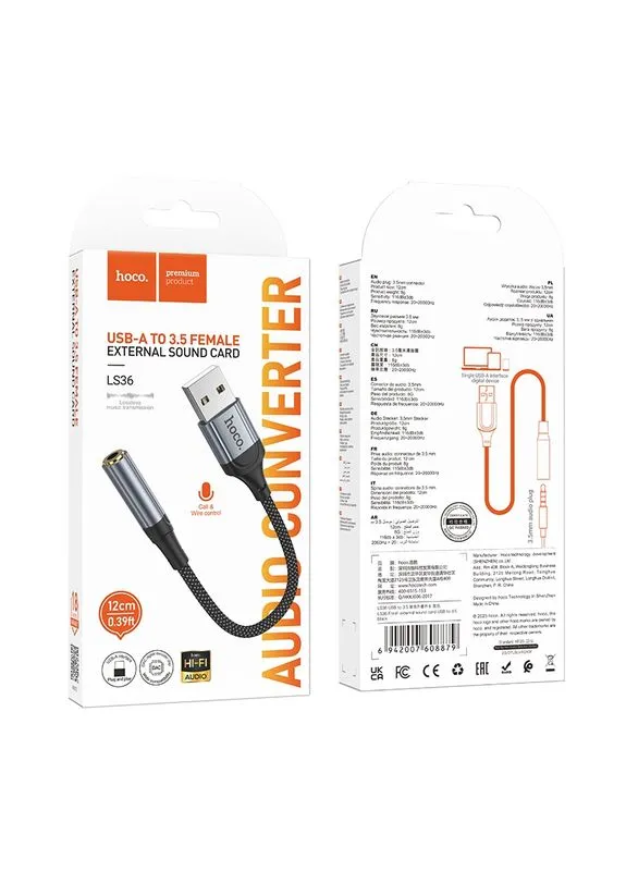 Перехідник LS36 Sound Card USB to AUX 3.5mm (female) 12cm Hoco (375226844)